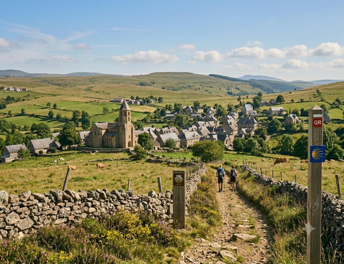 Vue de l'église de Nasbinals et de son clocher octogonal, entourés par les paysages caractéristiques du plateau de l'Aubrac sur les chemins de Saint-Jacques-de-Compostelle.